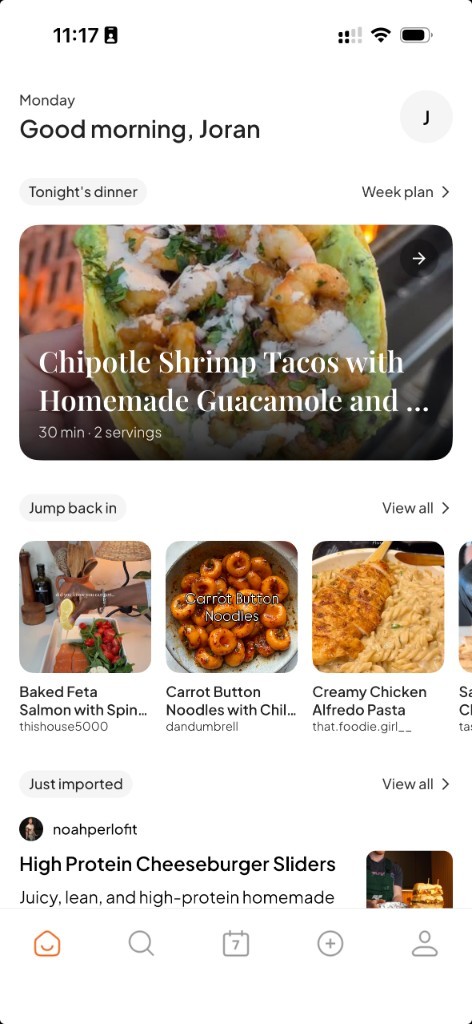 SocialChef home: tonight's dinner, recent recipes, and just imported