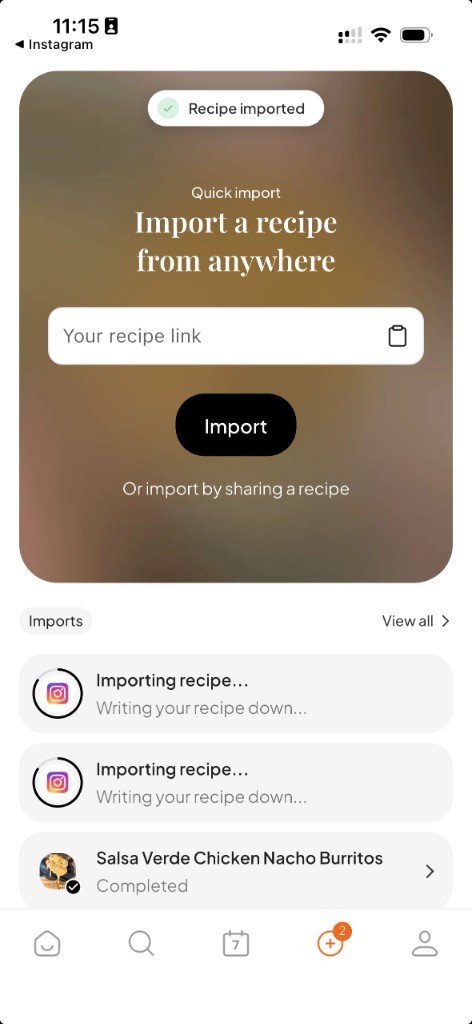 SocialChef Quick import: paste a recipe link and see imports in progress